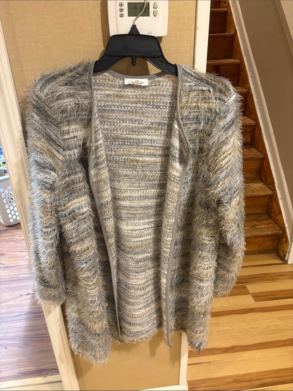 Calvin Klein Gray and Cream Fuzzy Open-Front Cardigan